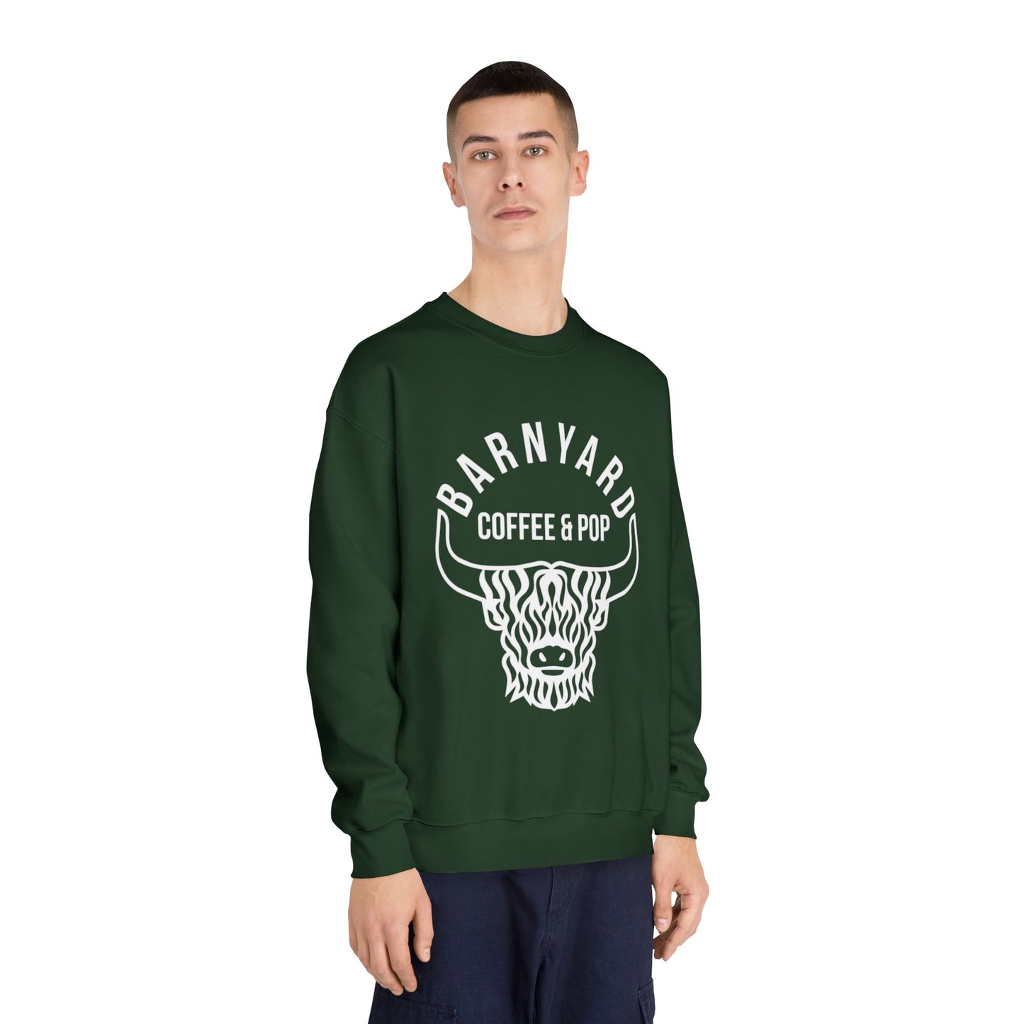 Cozy Unisex Sweatshirt with Barnyard Coffee & Pop Design