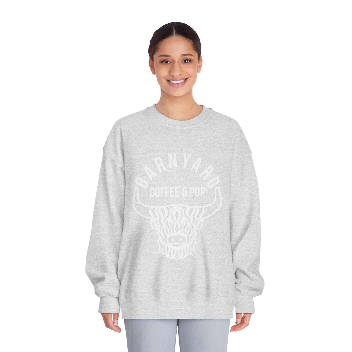 Cozy Unisex Sweatshirt with Barnyard Coffee & Pop Design