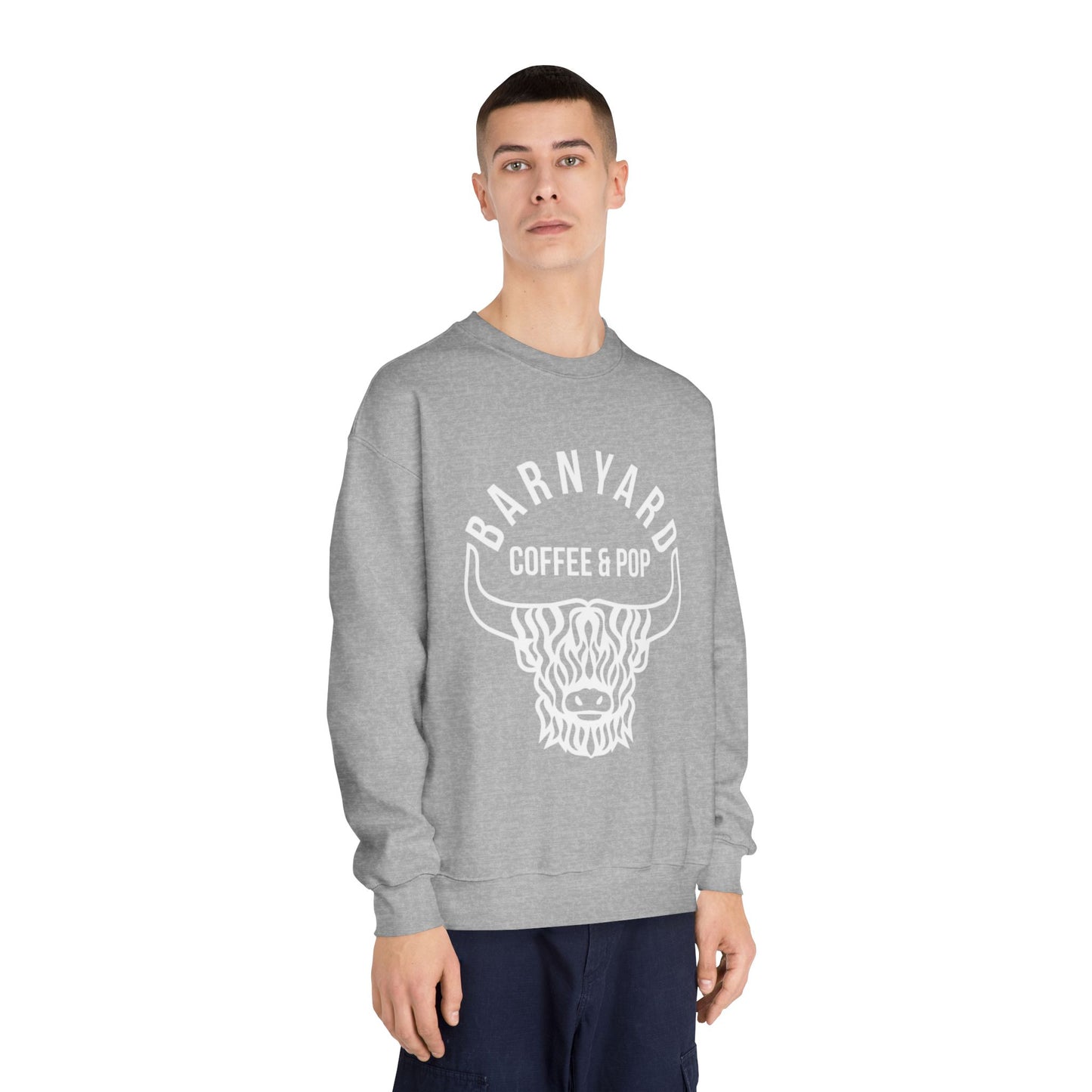 Cozy Unisex Sweatshirt with Barnyard Coffee & Pop Design