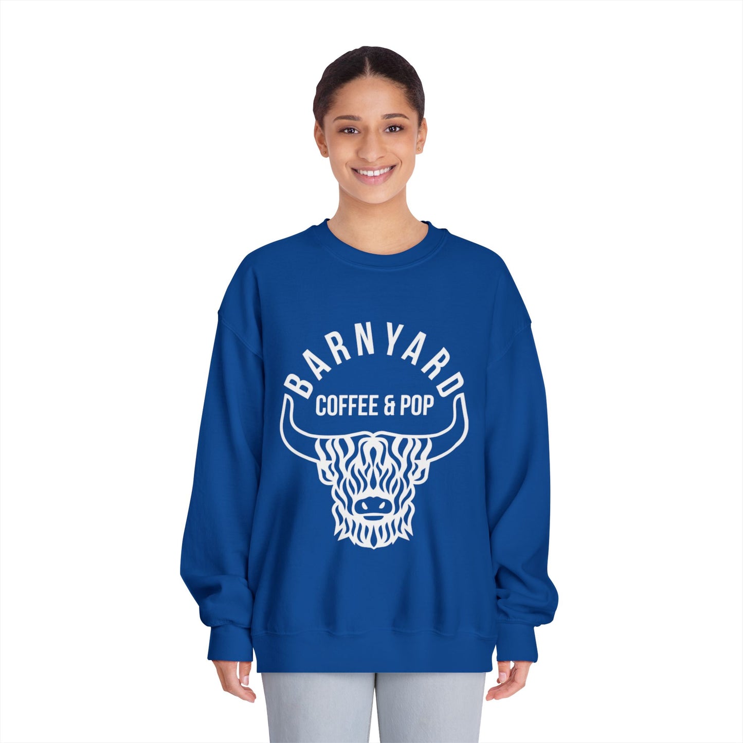 Cozy Unisex Sweatshirt with Barnyard Coffee & Pop Design
