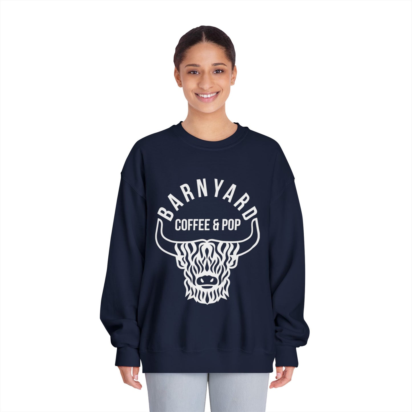 Cozy Unisex Sweatshirt with Barnyard Coffee & Pop Design