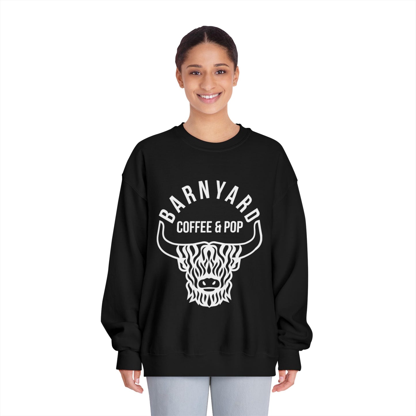Cozy Unisex Sweatshirt with Barnyard Coffee & Pop Design