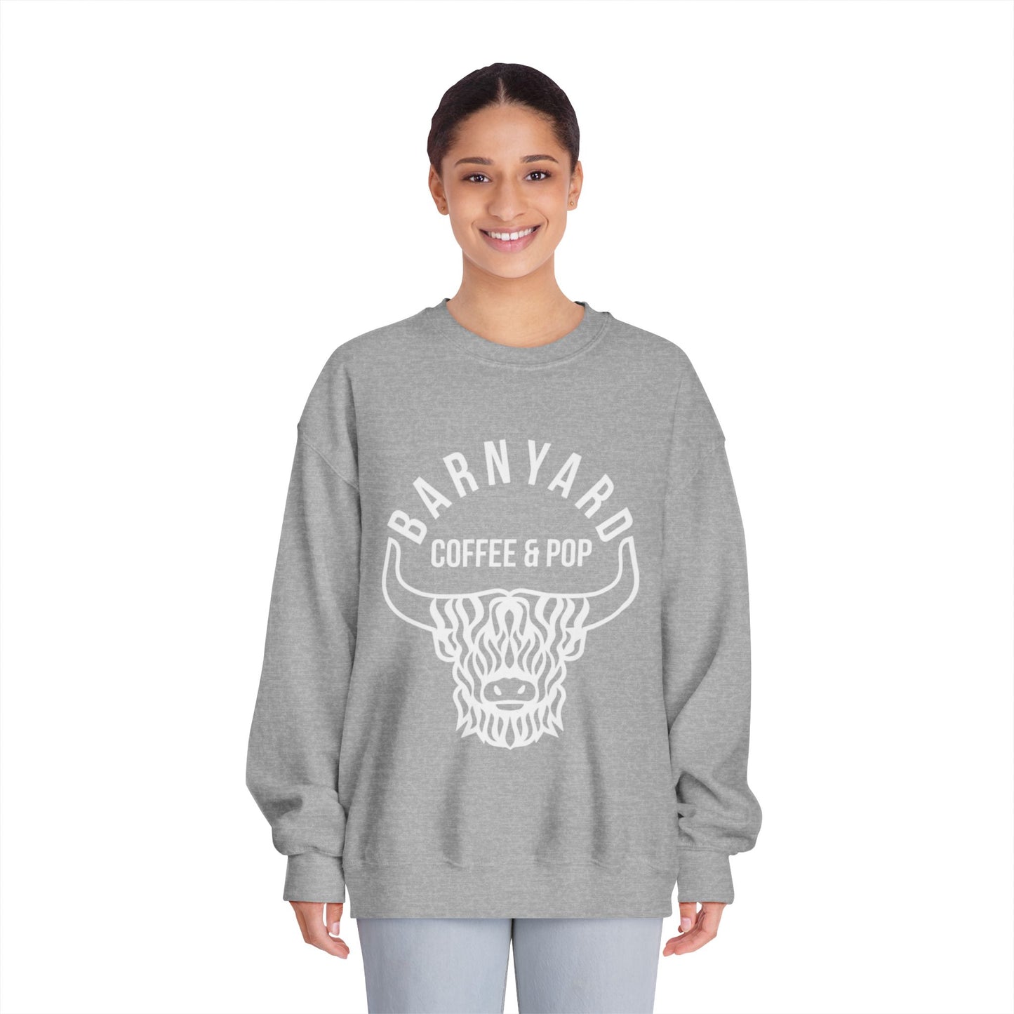Cozy Unisex Sweatshirt with Barnyard Coffee & Pop Design