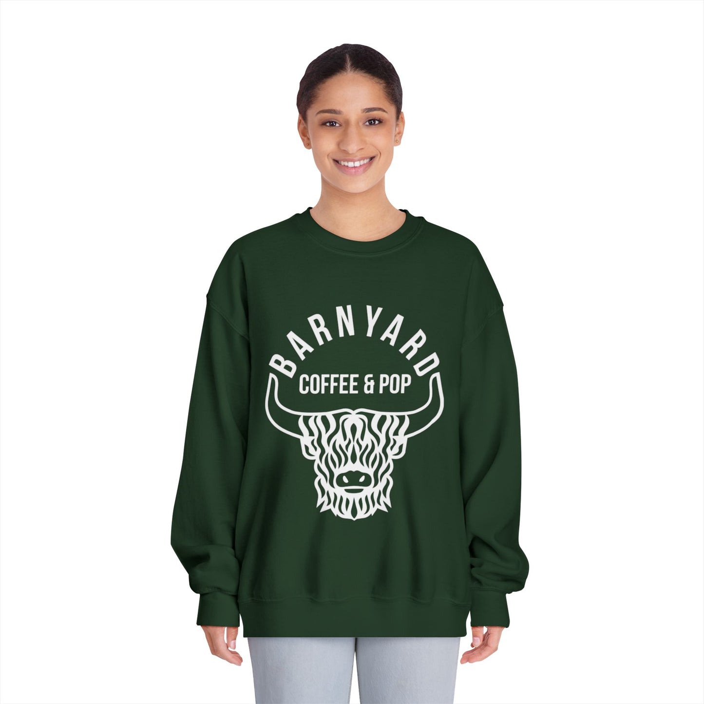 Cozy Unisex Sweatshirt with Barnyard Coffee & Pop Design